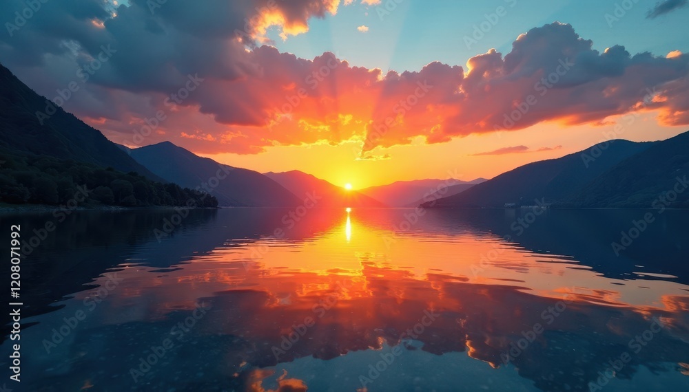 Sunset over serene lake with orange glow reflected in calm blue waters, water, lake Sunset over serene lake with orange glow reflected in calm blue waters, water, lake