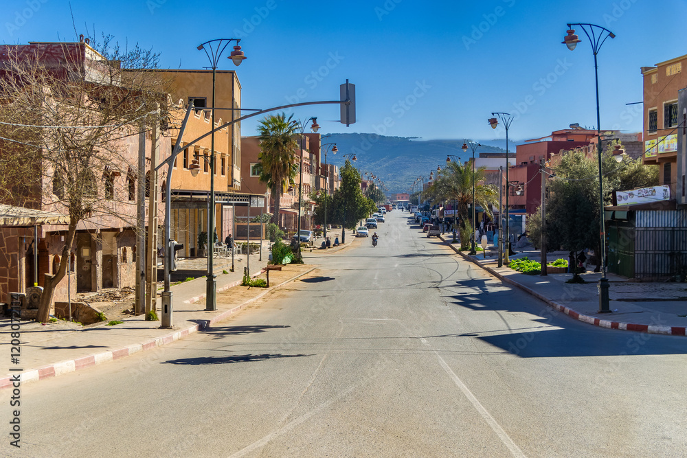 Marrakech, Morocco. The main street running through a small town in the Ourika Valley. Marrakech, Morocco. The main street running through a small town in the Ourika Valley.