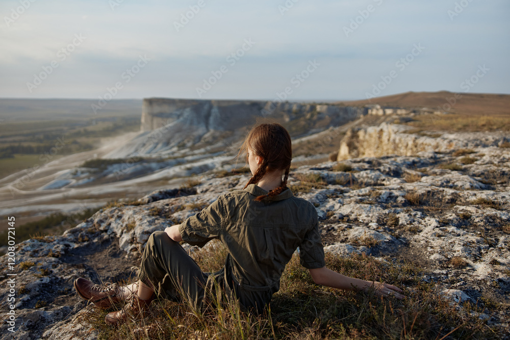 Woman contemplating the majestic beauty of nature sitting on the edge of a cliff overlooking a valley and mountains Woman contemplating the majestic beauty of nature sitting on the edge of a cliff overlooking a valley and mountains