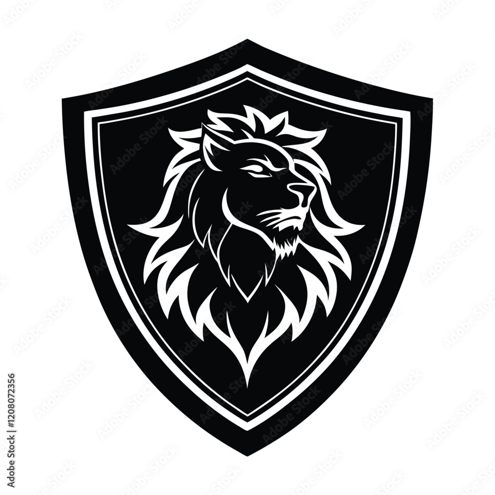 Obraz premium Lion Head Silhouette on Shield Vector Art - Black Lion Head Logo Design