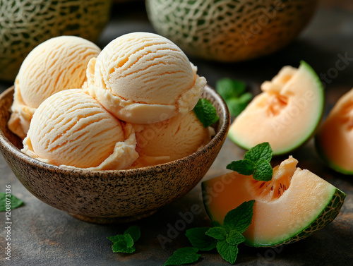 wo Bowls of Creamy Melon Ice Cream with Fresh Melon Slices and Mint Garnish on a Dark Wooden Table.