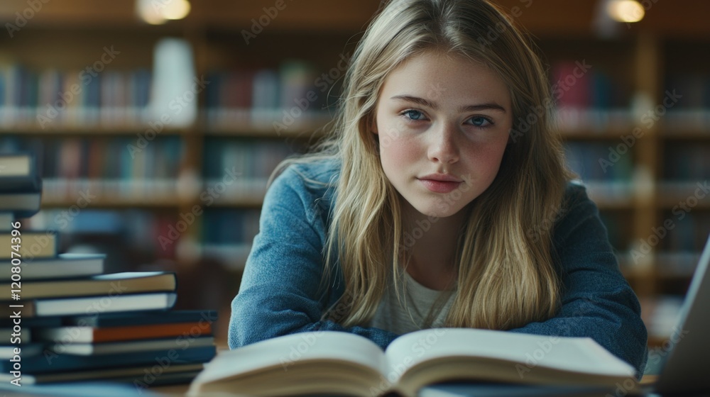 Curious Young Girl Reading at Library Curious Young Girl Reading at Library