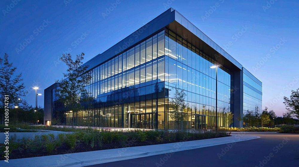 Modern Office Building Exterior at Dusk with Reflective Glass Modern Office Building Exterior at Dusk with Reflective Glass
