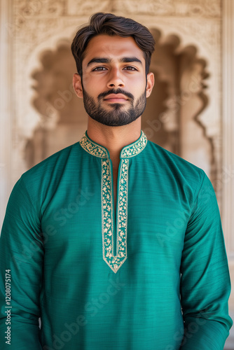 Portrait of a fit Indian man wearing an Green kurta in a temple	
