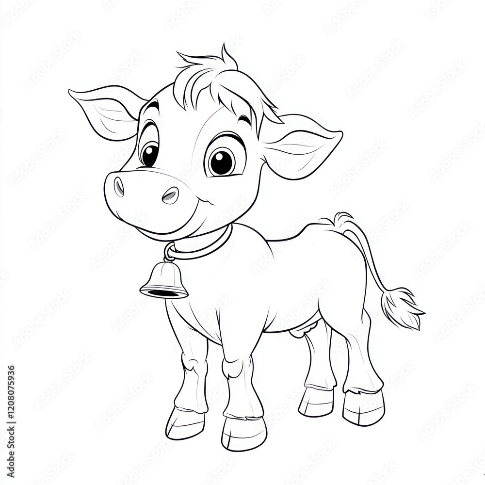 Fototapeta premium Line art of a calf standing with a bell, on white background for coloring
