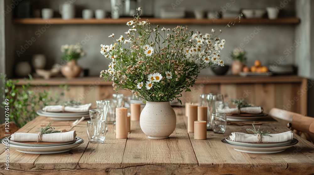 Nature-Inspired Table Setting with Wildflowers and Rustic Wooden Table