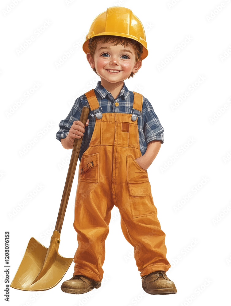 A cute young boy dressed in construction attire holds a shovel in front of a bulldozer. A cute young boy dressed in construction attire holds a shovel in front of a bulldozer.