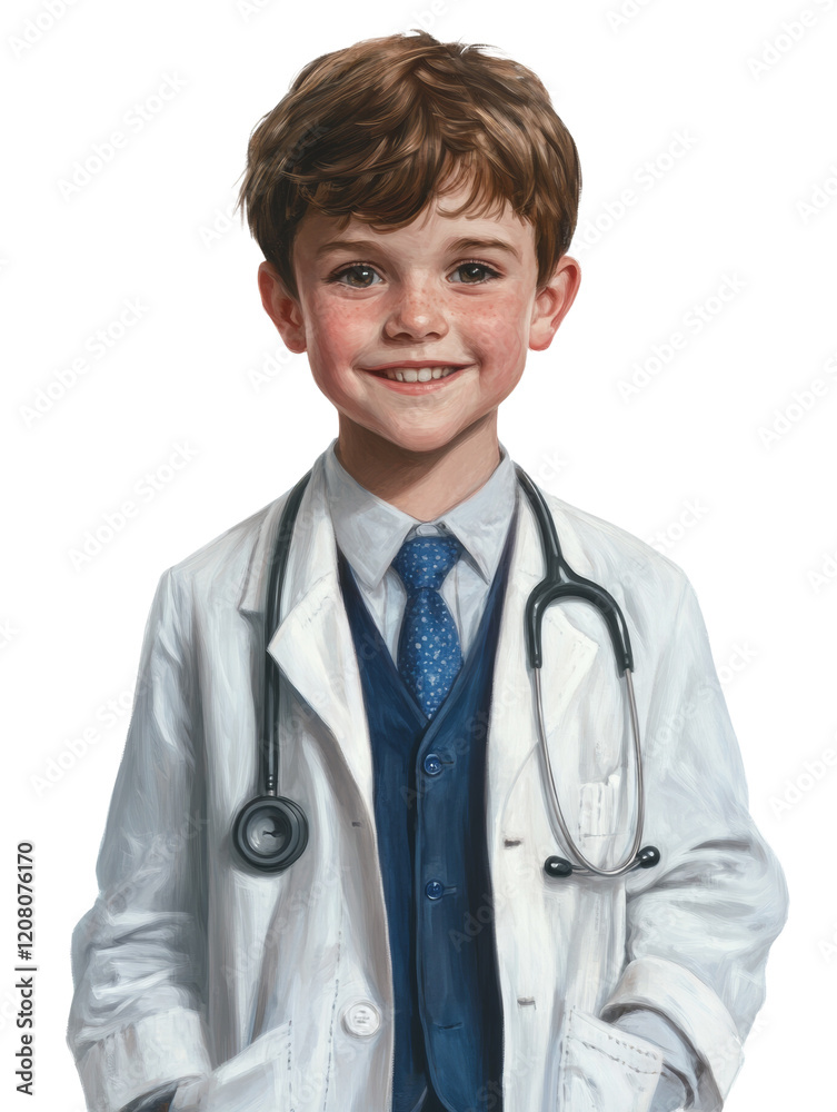 A digitally painted portrait of a smiling young boy wearing a doctor's coat and stethoscope. A digitally painted portrait of a smiling young boy wearing a doctor's coat and stethoscope.