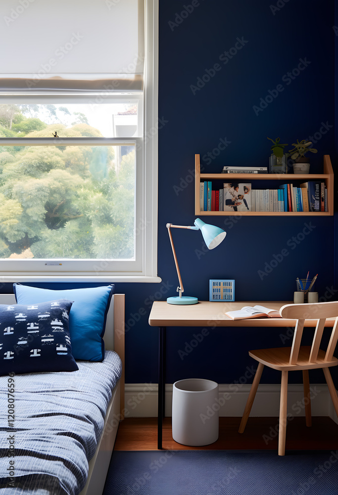 Fototapeta premium Modern cozy minimalist children's room featuring a cozy bed and comfort study Area
