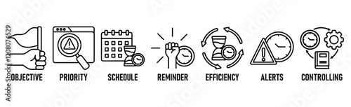 Time management banner web icon vector illustration concept with icon of objective, priority, schedule, reminder, efficiency, alerts, and controlling