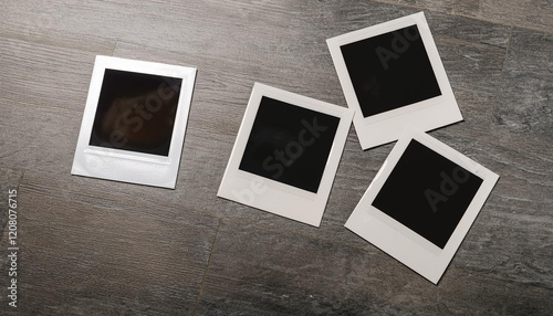 Old empty polaroid photos scattered on floor; nostalgic, mock up