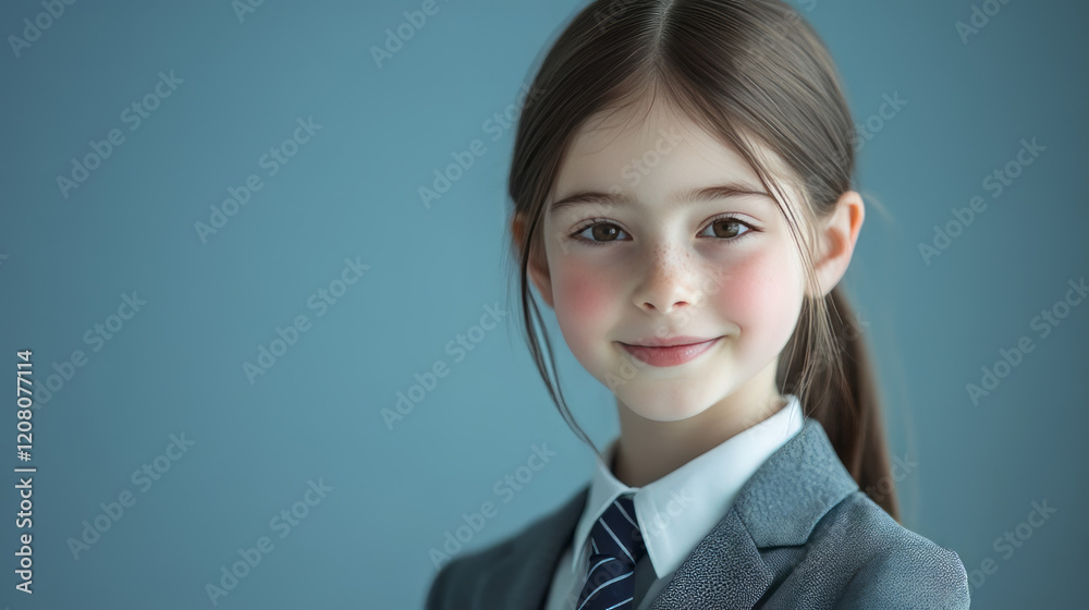 young girl with neatly tied brown hair, wearing a teal school blazer and teal tie, sitting upright with a friendly smile. young girl with neatly tied brown hair, wearing a teal school blazer and teal tie, sitting upright with a friendly smile.