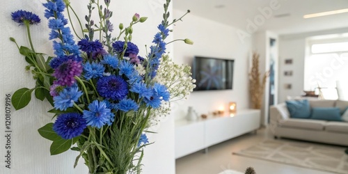 Beautiful arrangement of blue cornflower and delphinium flowers tied toVibrant floral arrangement adorns a wall in a modern living room, colorful flowers, bright colors, living room decor
