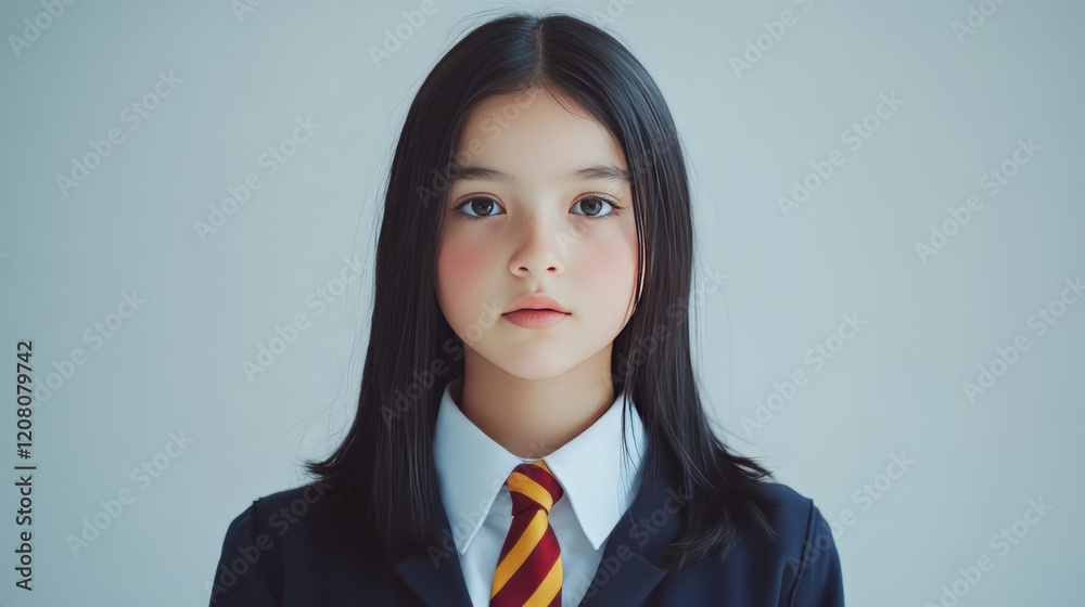 young girl with wavy black hair, wearing a navy blue blazer with a pale pink tie, softly smiling young girl with wavy black hair, wearing a navy blue blazer with a pale pink tie, softly smiling