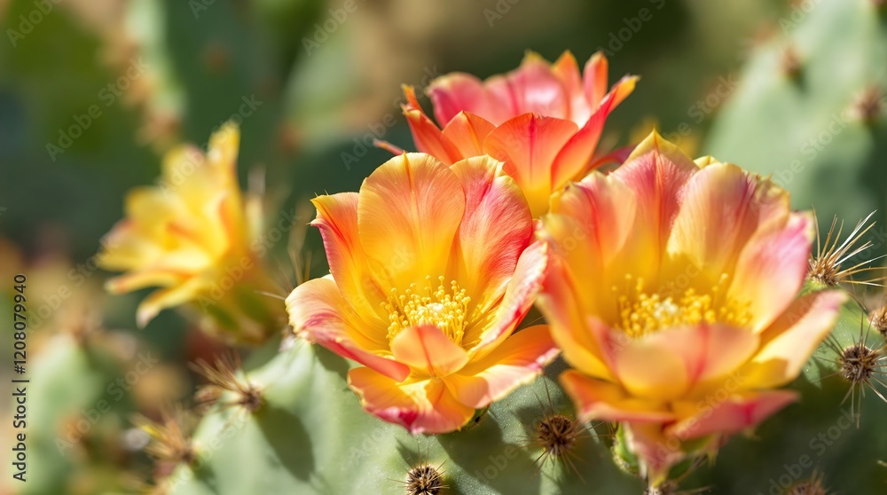 Fototapeta premium Close-Up of Blooming Prickly Pear Cactus with Yellow and Pink Flowers