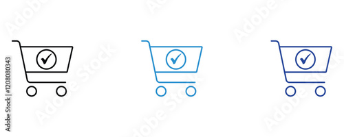 Shopping cart icon vector set, linear style shopping cart icons, shopping cart in three different color isolated on white background.