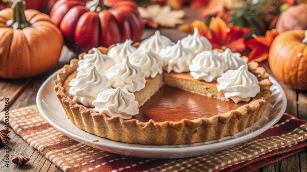 Baking delight pumpkin pie with whipped cream cozy kitchen dessert photography autumn atmosphere top-down view wholesome flavor Baking delight pumpkin pie with whipped cream cozy kitchen dessert photography autumn atmosphere top-down view wholesome flavor
