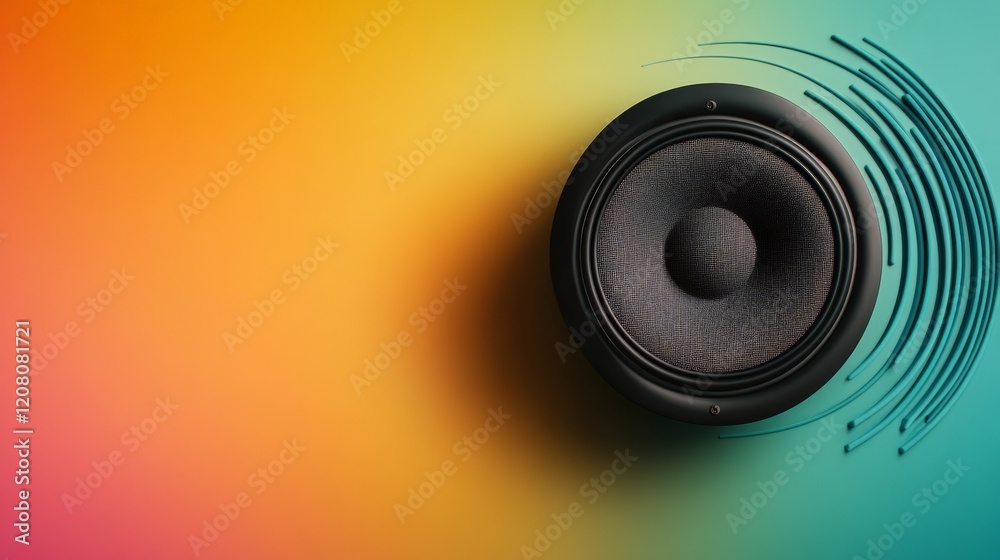 Black audio speaker emits sound waves, creating a visual representation of music and audio technology against a vibrant and colorful backdrop Black audio speaker emits sound waves, creating a visual representation of music and audio technology against a vibrant and colorful backdrop