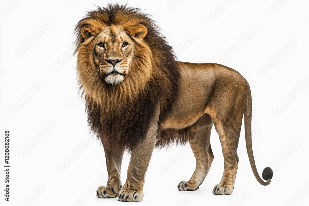 Obraz premium Majestic lion with a flowing mane, standing proudly on a clean white background.