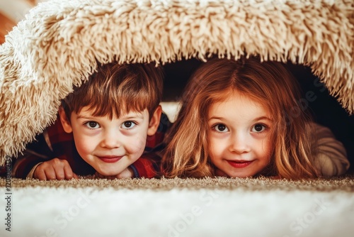 Kids playing hide and seek in a cozy house. photo