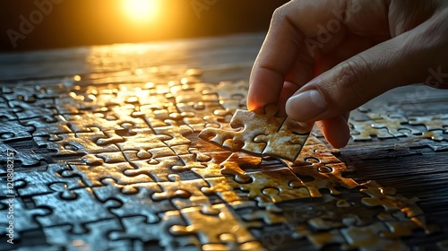 Hand placing final piece of a challenging jigsaw puzzle on wooden table with warm lighting