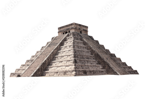 Ancient stone Mayan pyramid (Kukulcan Temple), Chichen Itza, Yucatan, Mexico. The topic of summer vacation, travel, trip abroad on vacation, cruises and tours. Isolated on white background