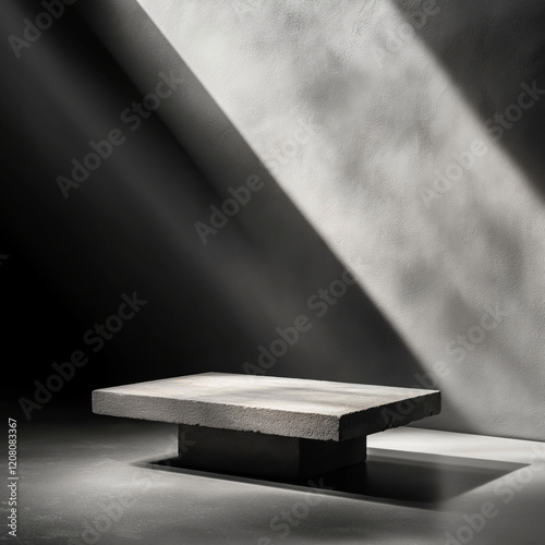 A flat raw concrete pedestal with a brutalist aesthetic sits against a minimalist gray background.