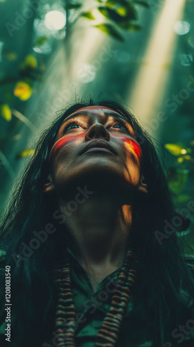 Amazonian woman in tribal attire standing in dense rainforest, Generative AI photo