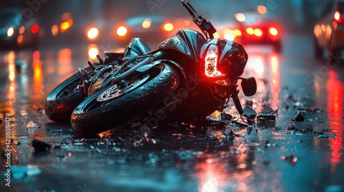 a mangled motorcycle illuminated by emergency lights on rainslicked asphalt creating dramatic reflections and shadows with scattered debris catching the red and blue flashes photo