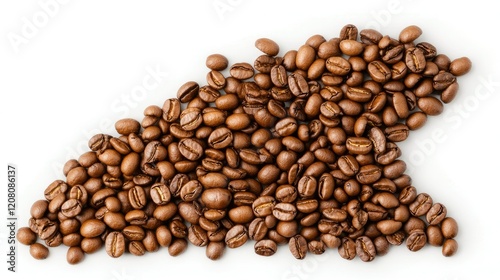 Dark roasted coffee beans artfully arranged to form the shape of a state map against a white background in a clean and minimalistic style