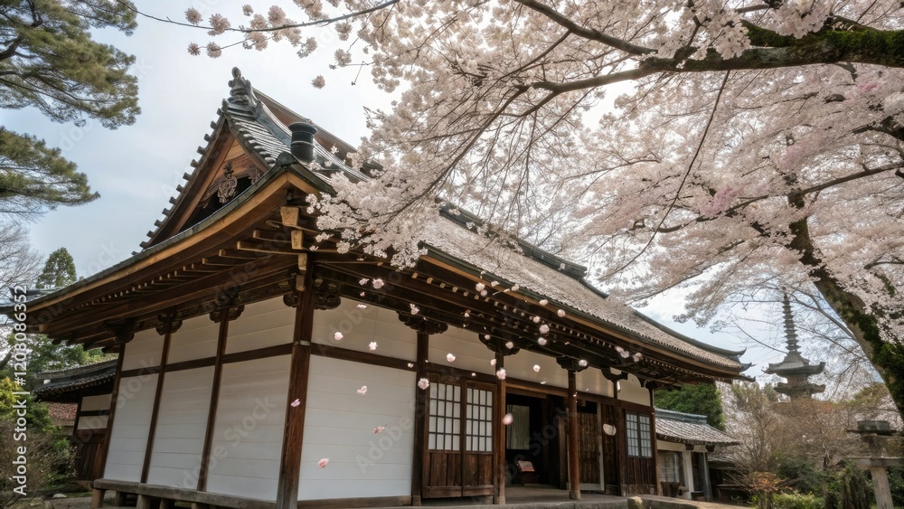 Cherry blossom petals gently falling from the branches of a Shinto shrine's surrounding trees onto its wooden roof and tiled walls, temple surroundings, shinto shrine Cherry blossom petals gently falling from the branches of a Shinto shrine's surrounding trees onto its wooden roof and tiled walls, temple surroundings, shinto shrine