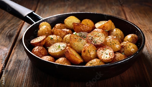 Frying pan with potatoes close up