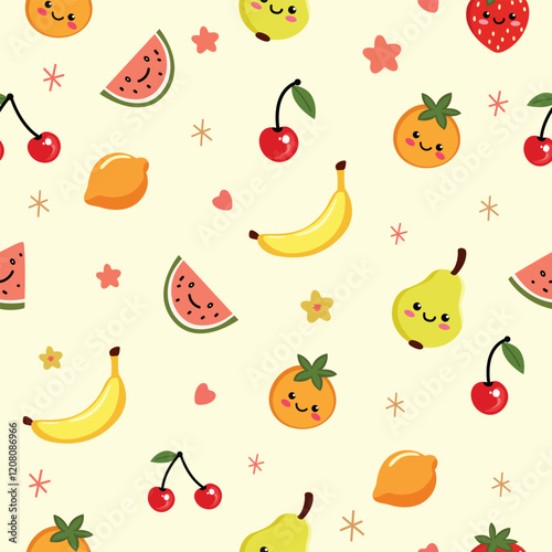 Colorful cartoon fruits with smiling face. Playful fruits illustration. Happy and cute food characters background.