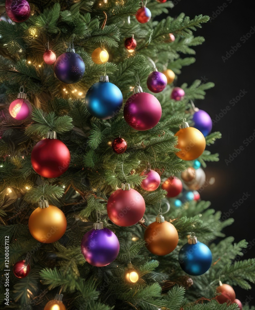 Christmas tree branches with colorful balls and lights, evergreen, balls, tree Christmas tree branches with colorful balls and lights, evergreen, balls, tree
