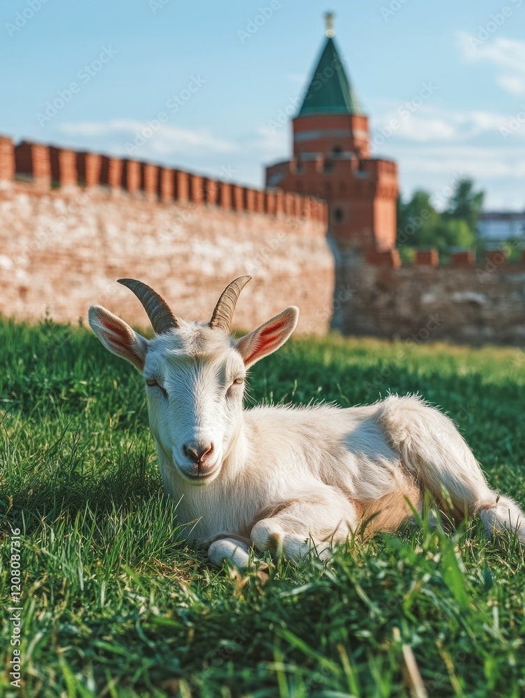 Fototapeta premium Peaceful Pastoral Scene with Sheep and Iconic Russian Landmark