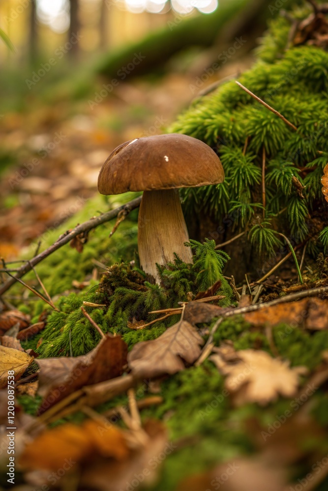 Mushroom in forest, earthy and natural, surrounded by moss and fallen leaves, autumn scenery, copy space Mushroom in forest, earthy and natural, surrounded by moss and fallen leaves, autumn scenery, copy space