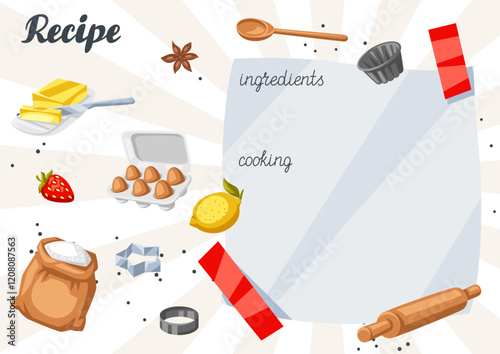 Background with bakery utensils. Cooking tools for home and recipe items.