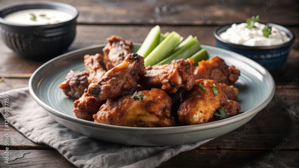 Savoring spicy buffalo wings with celery and blue cheese in a cozy restaurant setting for ultimate flavor experience Savoring spicy buffalo wings with celery and blue cheese in a cozy restaurant setting for ultimate flavor experience