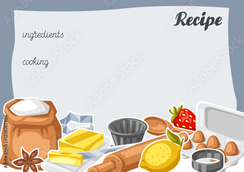 Background with bakery utensils. Cooking tools for home and recipe items.