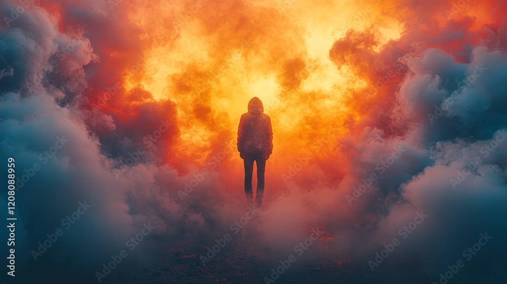 Silhouette of a person walking through glowing clouds Silhouette of a person walking through glowing clouds