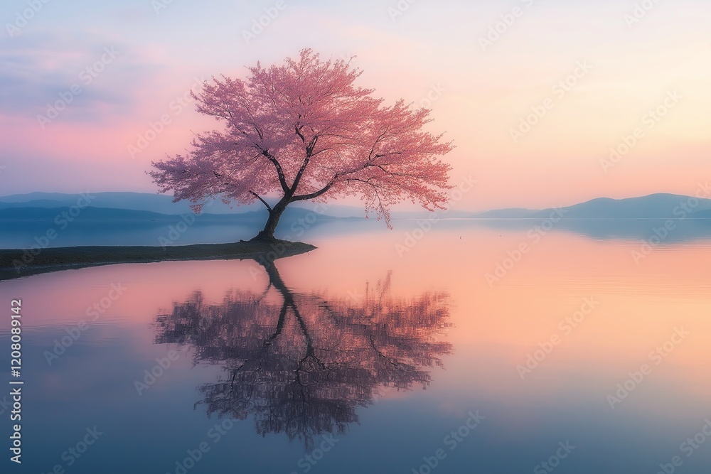 A single cherry blossom tree in the middle of a peaceful lake at sunrise A single cherry blossom tree in the middle of a peaceful lake at sunrise