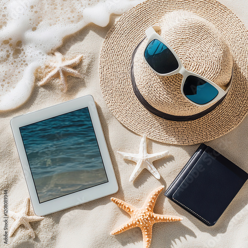 Hat, sunglasses, seashells and starfish spread out on sandy beach, tablet with light surf.