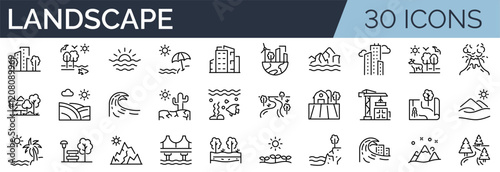 Set of 30 outline icons related to landscape.  Linear icon collection. Editable stroke. Vector illustration	 photo