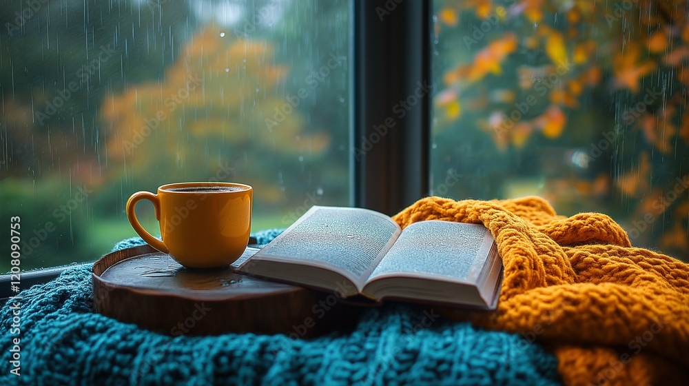 A dreamy scene with a cup of coffee on a small table, an open book resting on a soft knit blanket, set against a large window with rain gently falling outside A dreamy scene with a cup of coffee on a small table, an open book resting on a soft knit blanket, set against a large window with rain gently falling outside