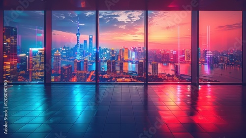 City skyline with vibrant lights, capturing the dynamic energy and lively atmosphere of the city. Perfect for illustrating urban nightlife and modernity.