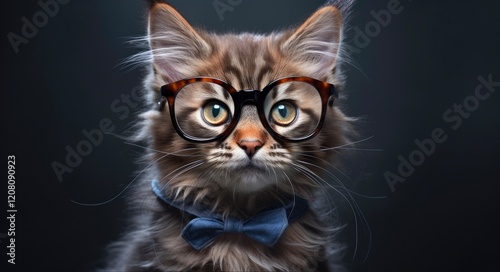 Cocky Kitten - Adorable portrait of a confident-looking Cat wearing Glasses and flaunting its Fur