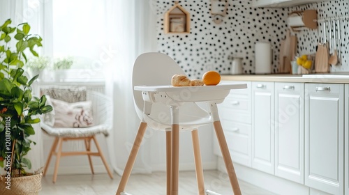 A modern high chair with a white and natural wood design, placed in a bright kitchen