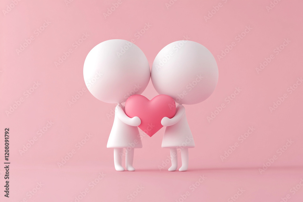 3D minimalistic couple figures holding heart. 3D minimalistic couple figures holding heart.