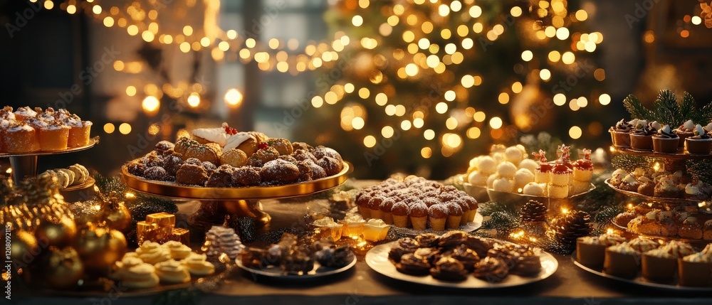 Festive dessert display holiday gathering food presentation cozy atmosphere close-up seasonal indulgence Festive dessert display holiday gathering food presentation cozy atmosphere close-up seasonal indulgence