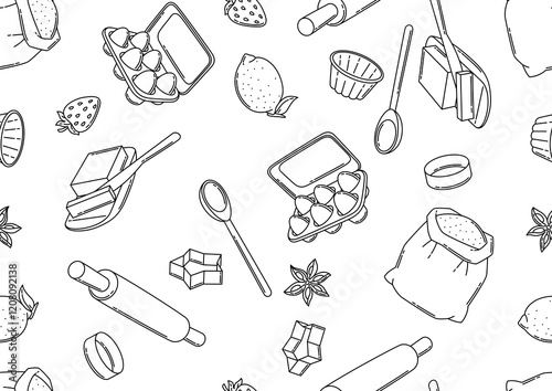 Pattern with bakery utensils. Cooking tools for home and recipe items.